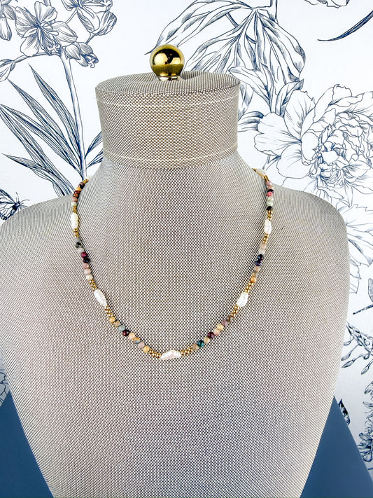 Beaded necklace, waterproof, peach, green, brown, pearls NIKKI SMITH JEWELRY
