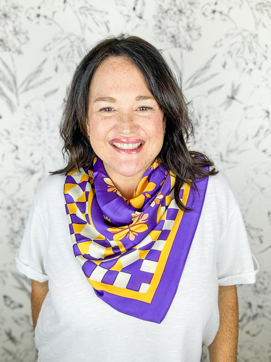 Hollis purple and gold large game day scarf Caroline hill