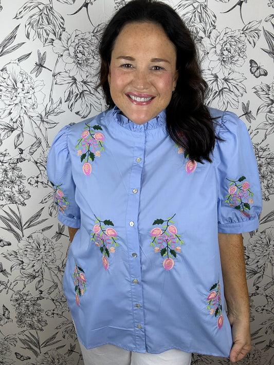 blue embroidered ruffle blouse ENTRO