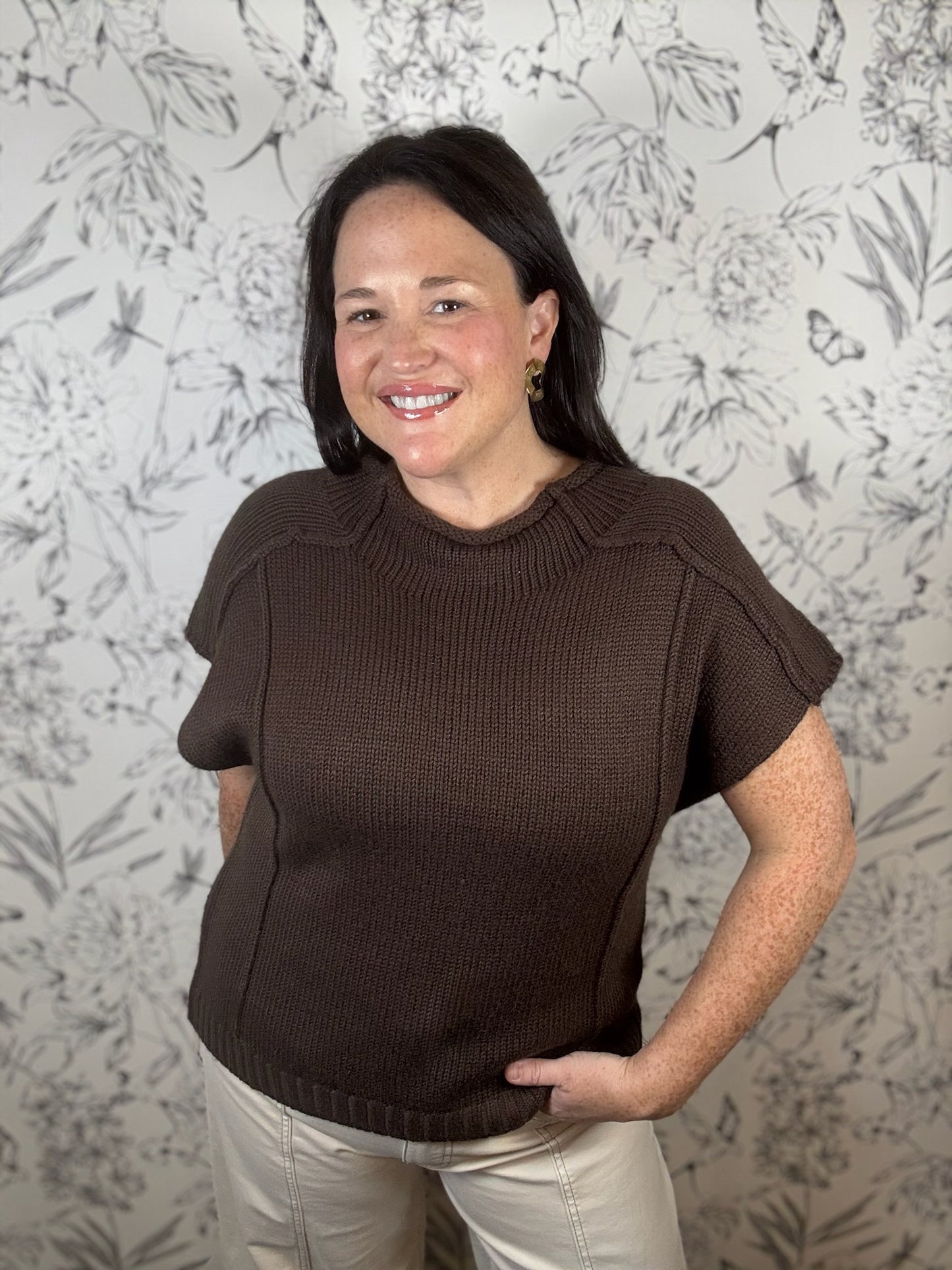 mocha knit rolled seam sweater ELAN