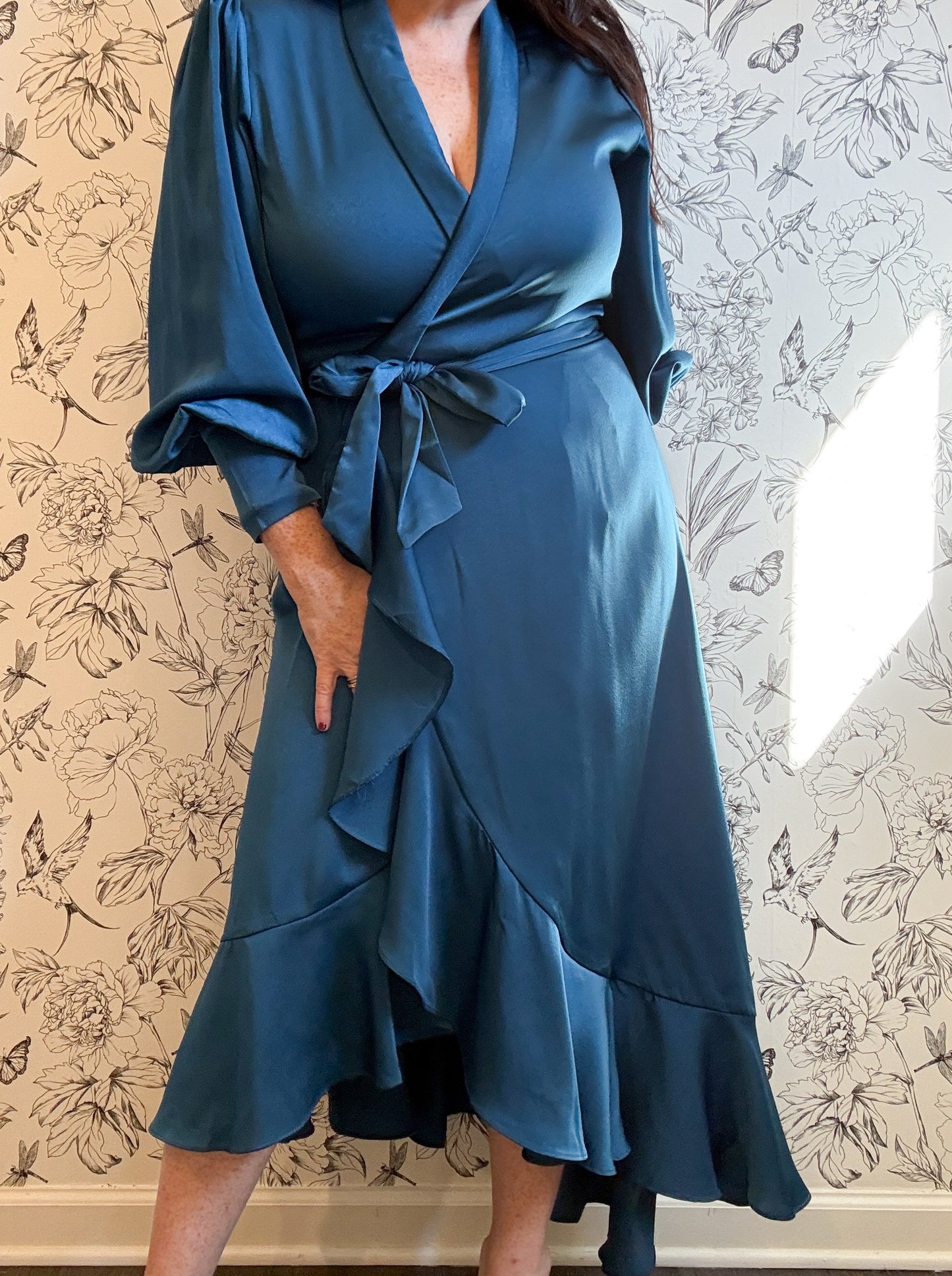 The Charlize Teal Satin Wrap Midi - Best & Co. Boutique