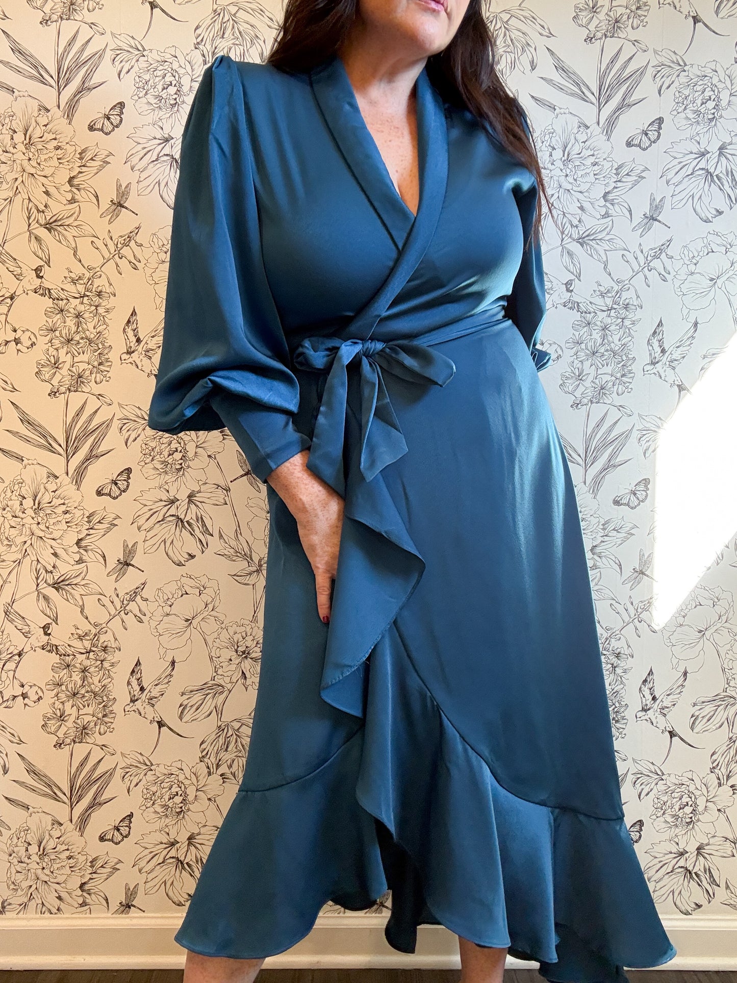 The Charlize Teal Satin Wrap Midi - Best & Co. Boutique