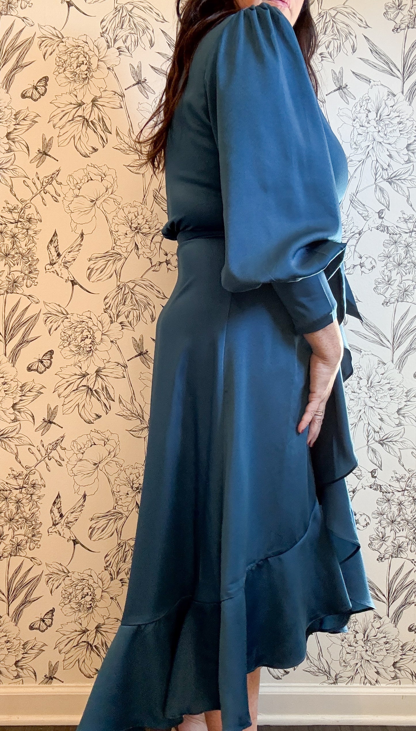 The Charlize Teal Satin Wrap Midi - Best & Co. Boutique