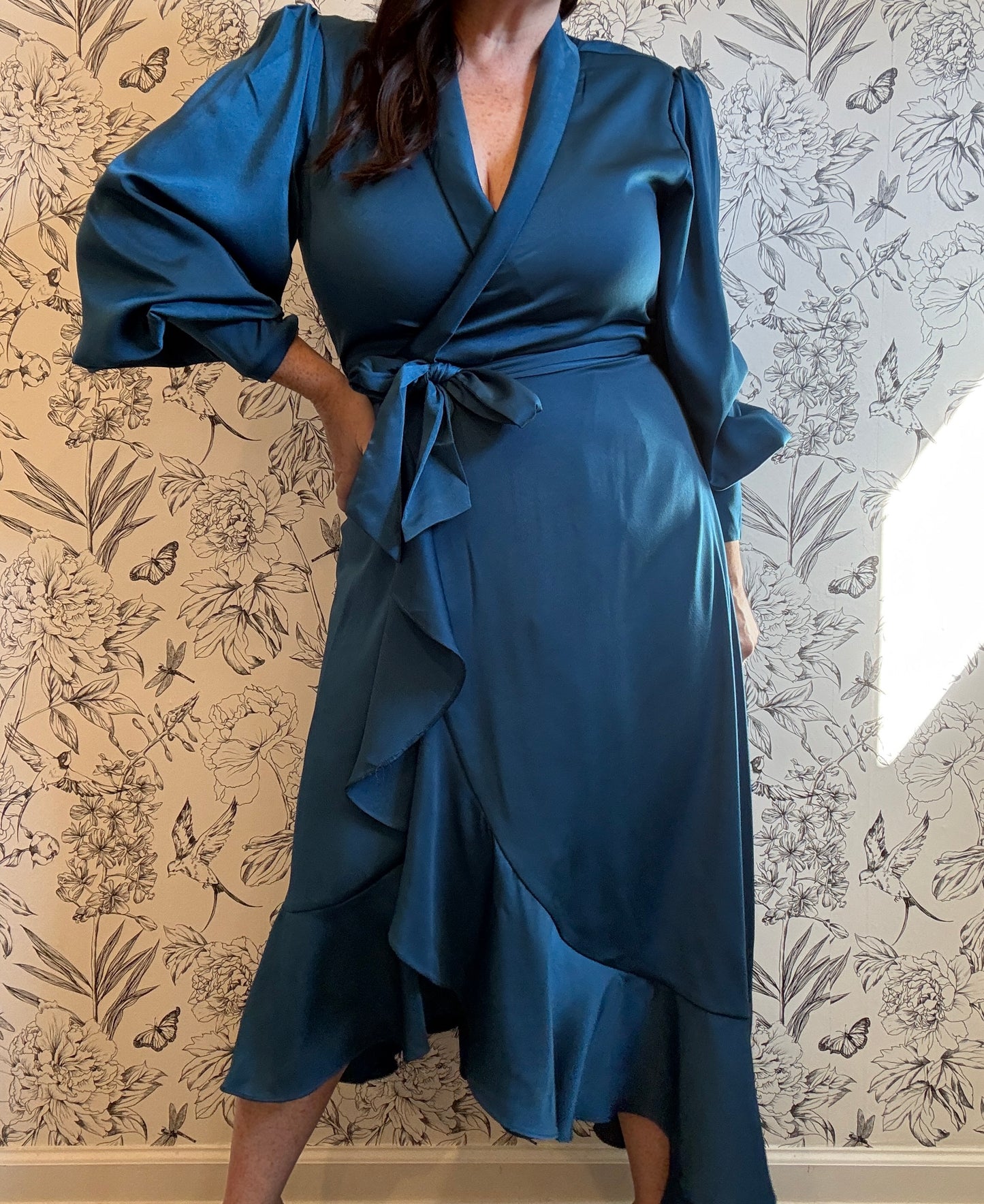 The Charlize Teal Satin Wrap Midi - Best & Co. Boutique
