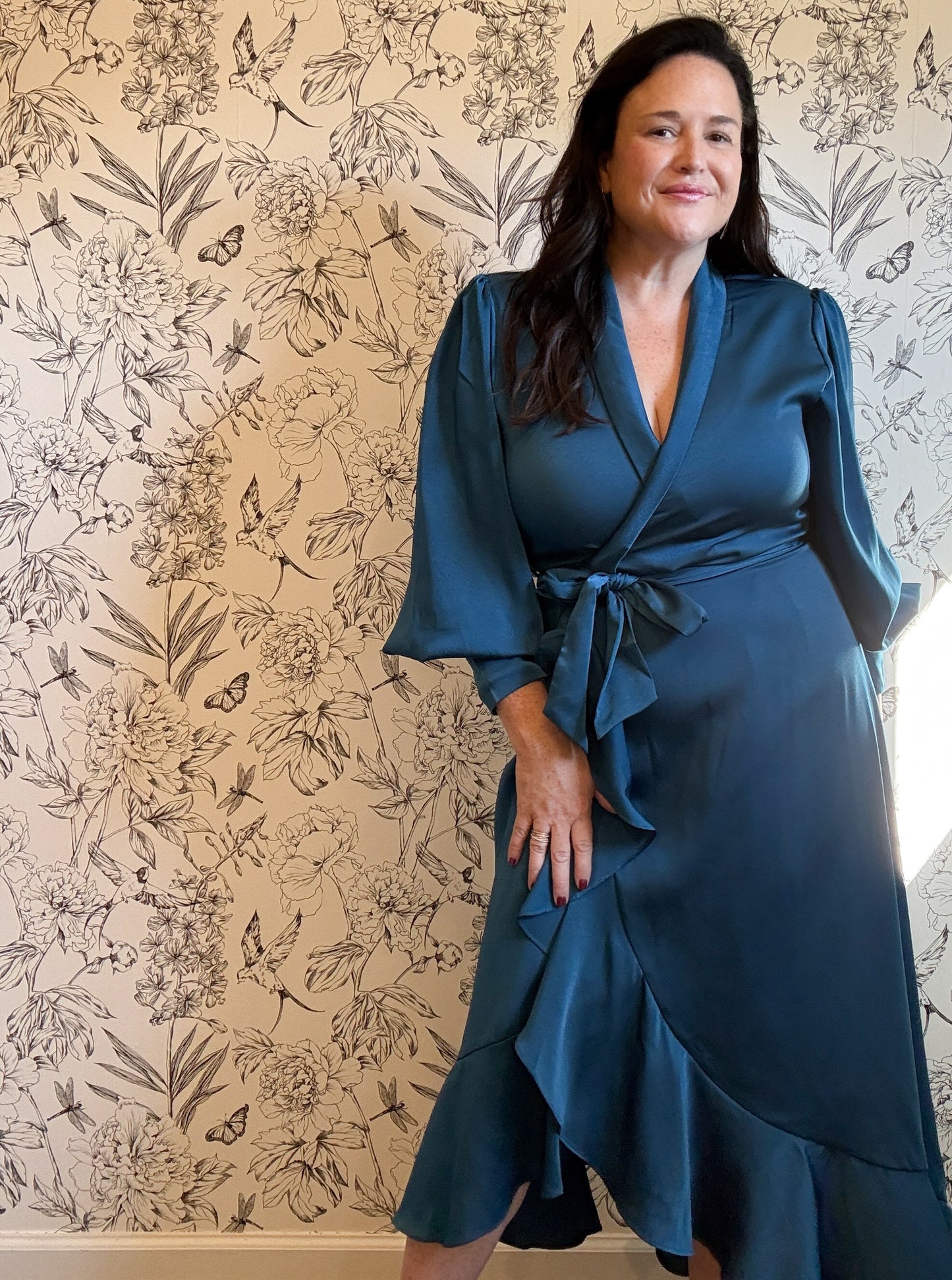 The Charlize Teal Satin Wrap Midi - Best & Co. Boutique