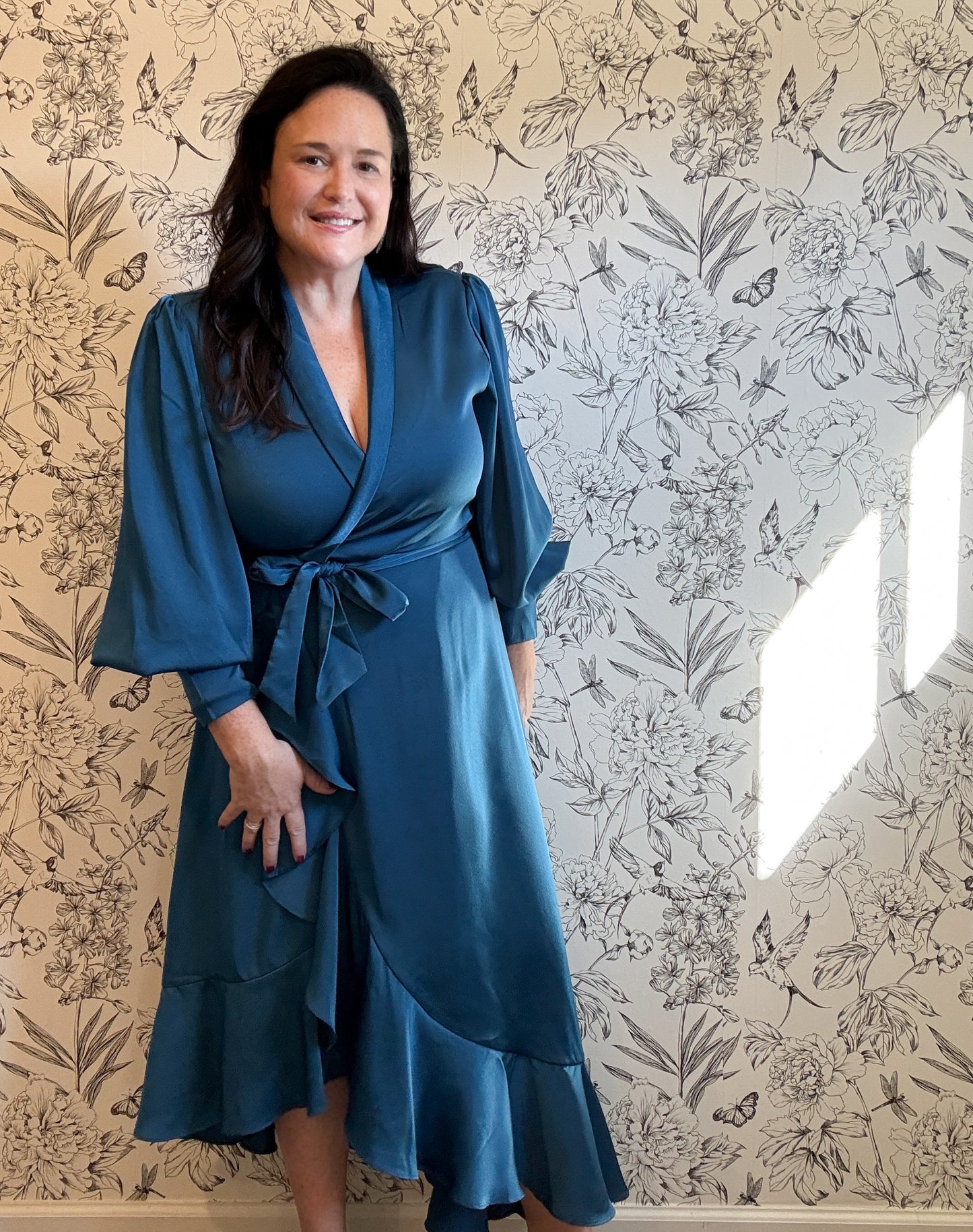 The Charlize Teal Satin Wrap Midi - Best & Co. Boutique