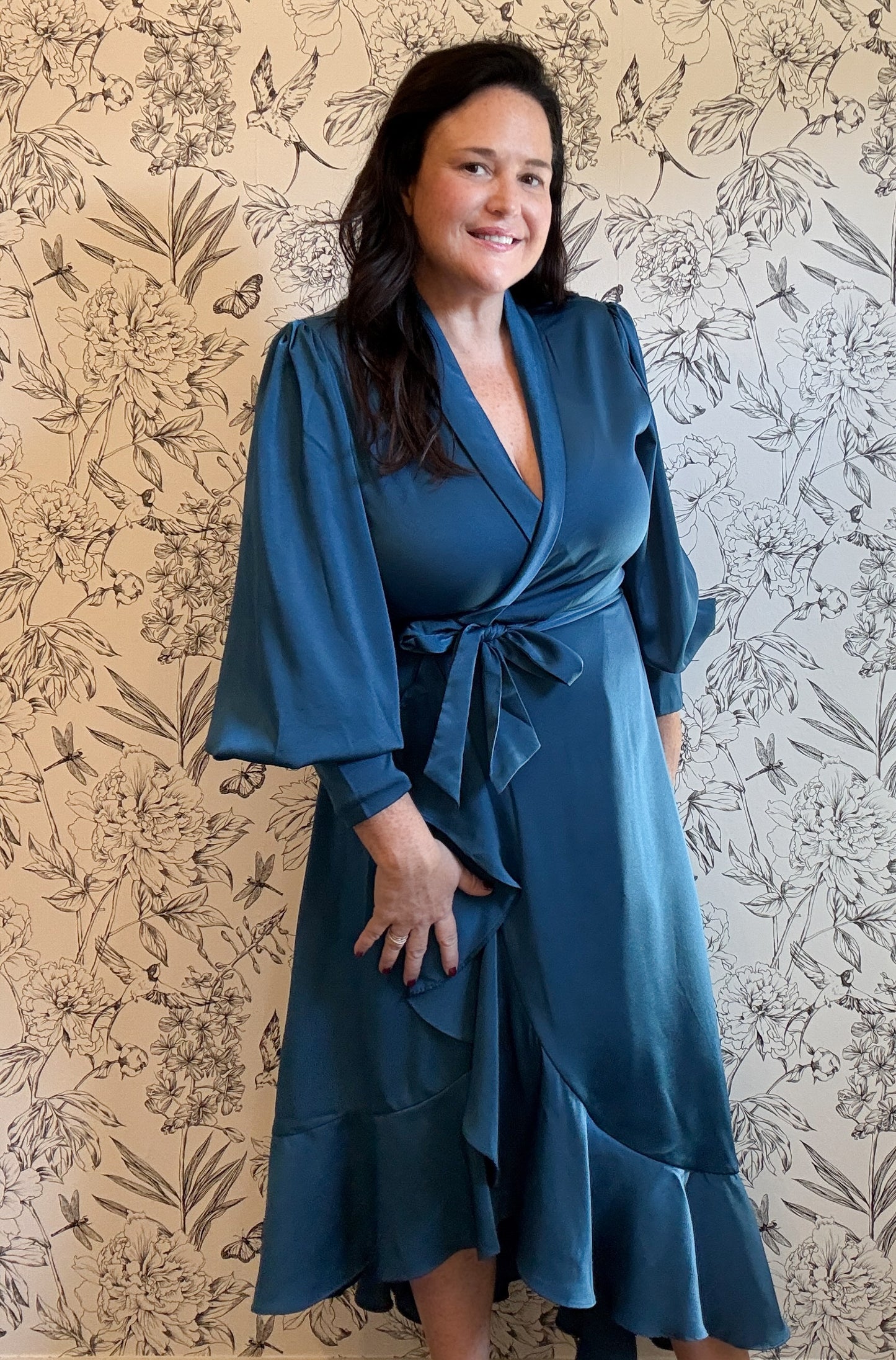 The Charlize Teal Satin Wrap Midi - Best & Co. Boutique