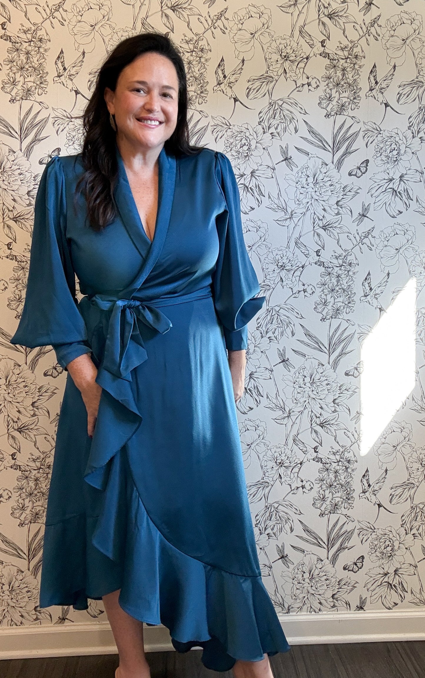 The Charlize Teal Satin Wrap Midi - Best & Co. Boutique