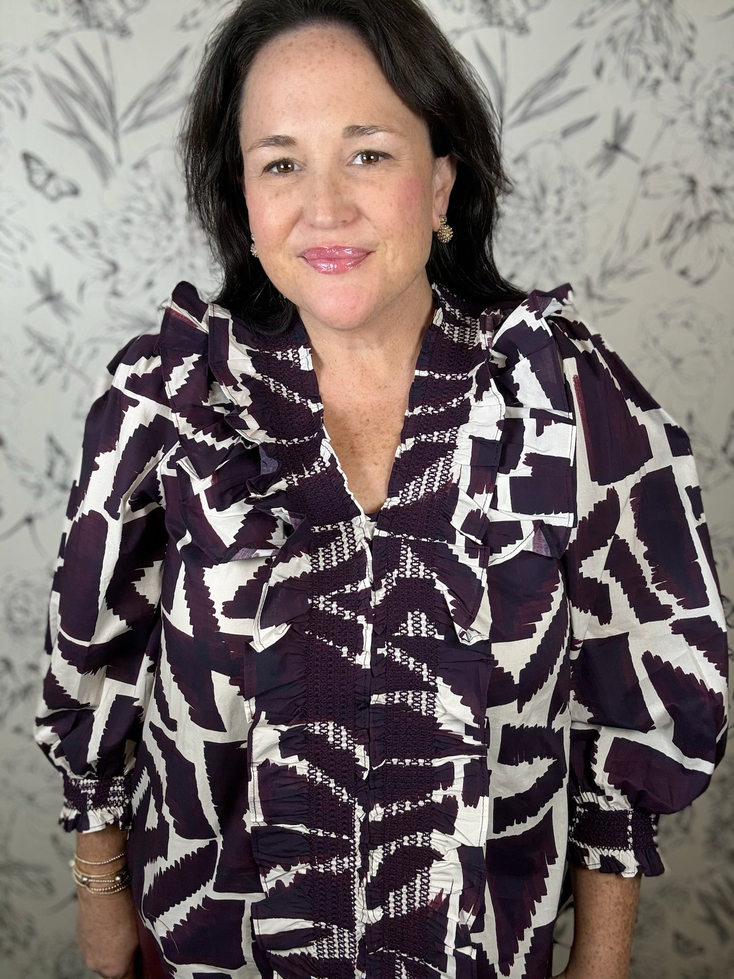 wine plum ivory smocked blouse ENTRO