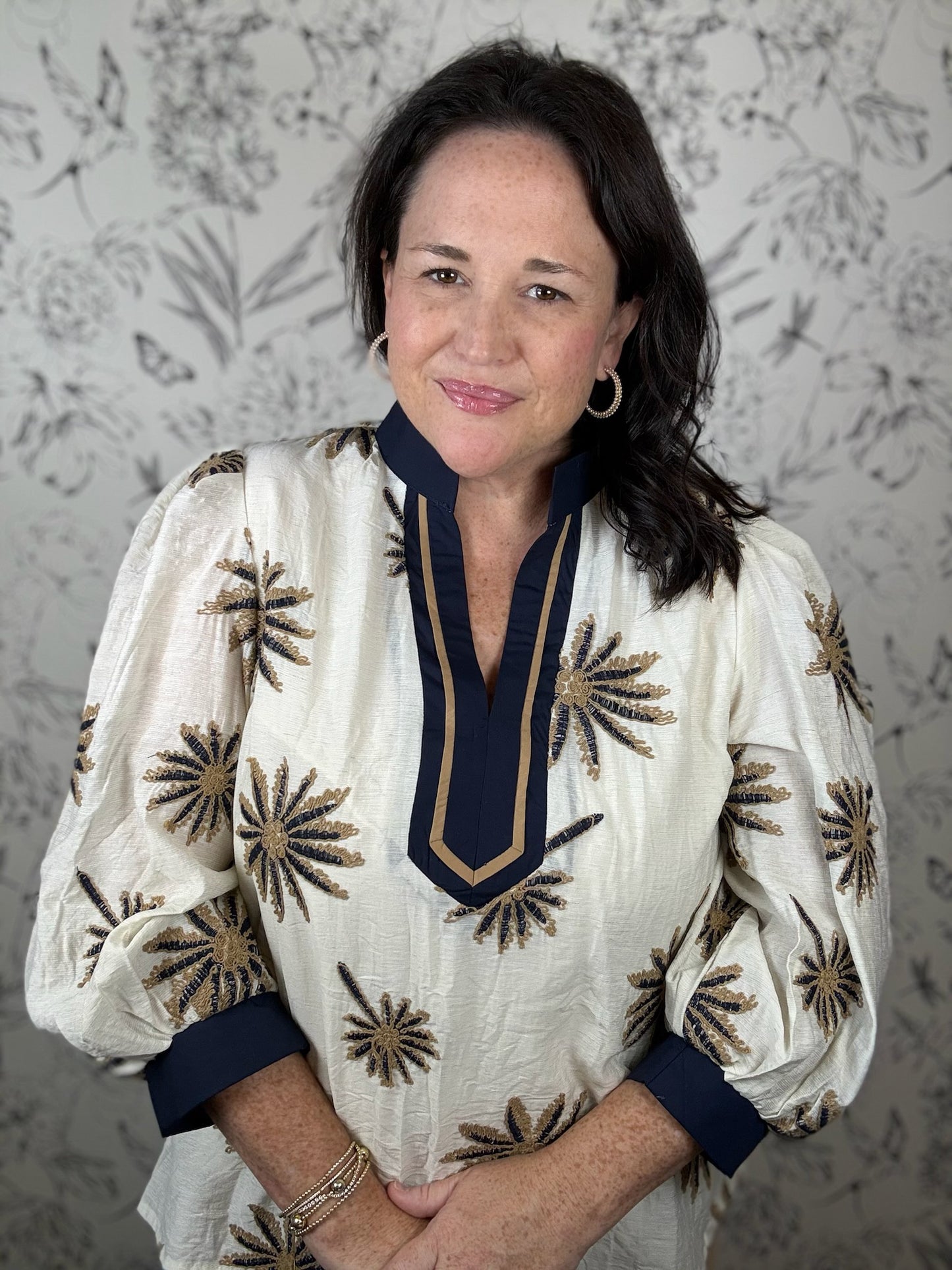 ivory navy tan linen blend caftan top ENTRO