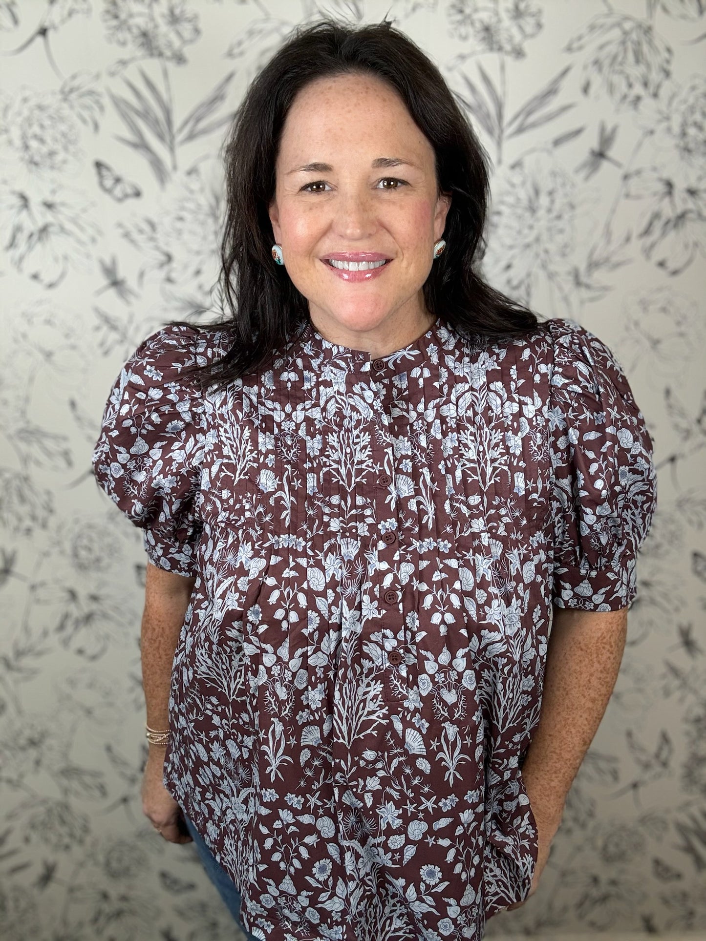 maroon blue floral pintuck blouse ENTRO