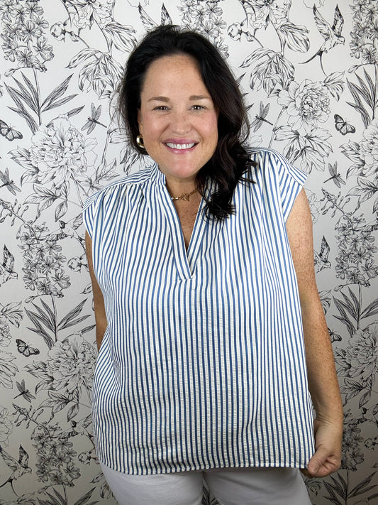 blue and white stripe blouse HAPTICS