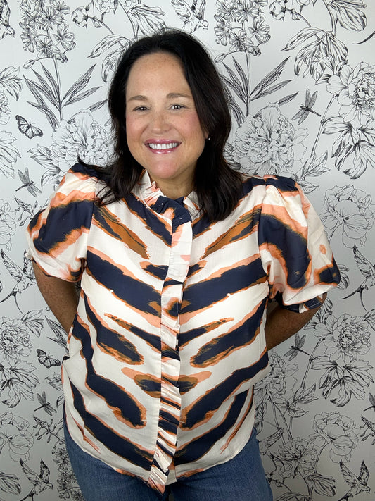 tiger printed ruffle button up blouse ENTRO