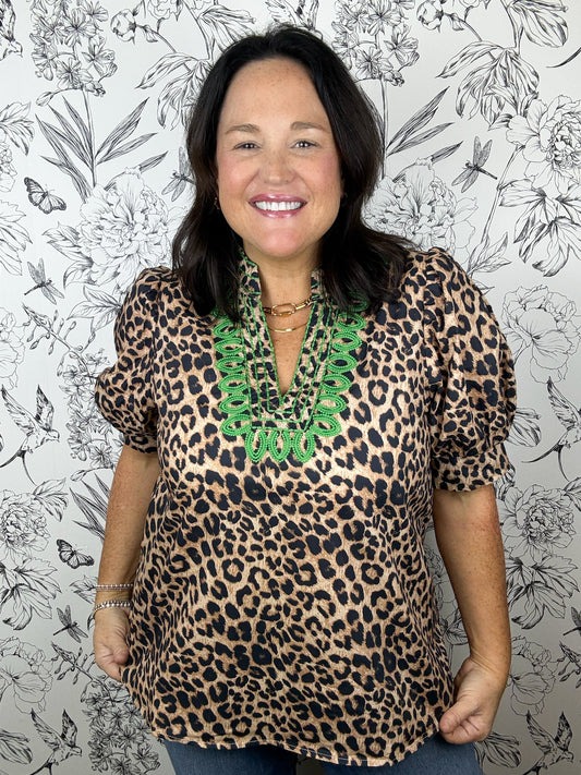 leopard split mock neck with green embroidered details ENTRO