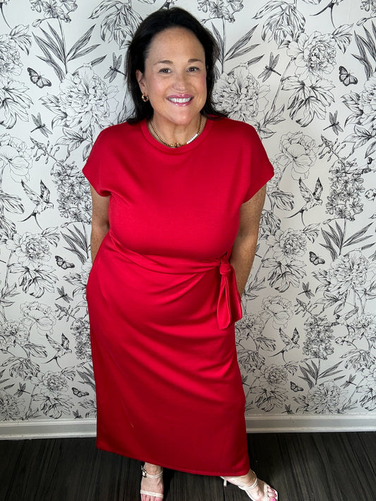 Red modal midi dress with Tie ENTRO