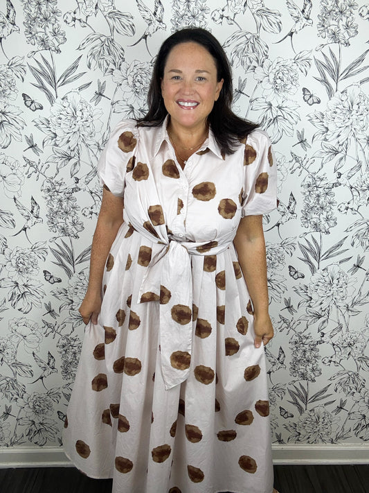 cream and brown polka dot faux wrap midi dress ENTRO
