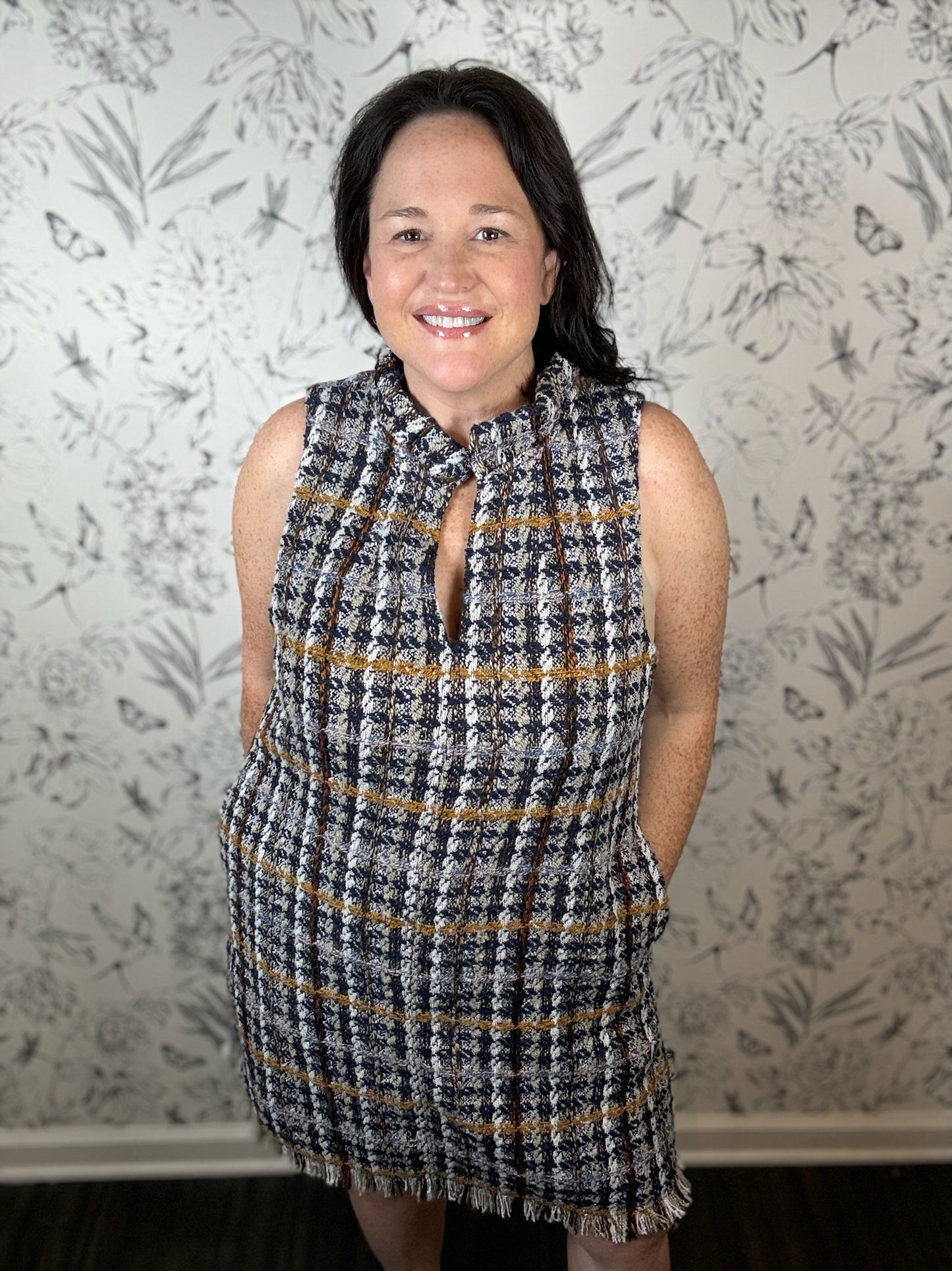 navy, white, brown tweed mini dress THML