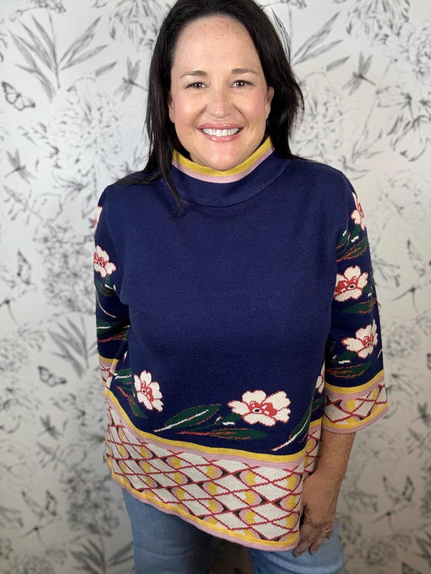 navy, gold, pink japanese style mock neck FATE