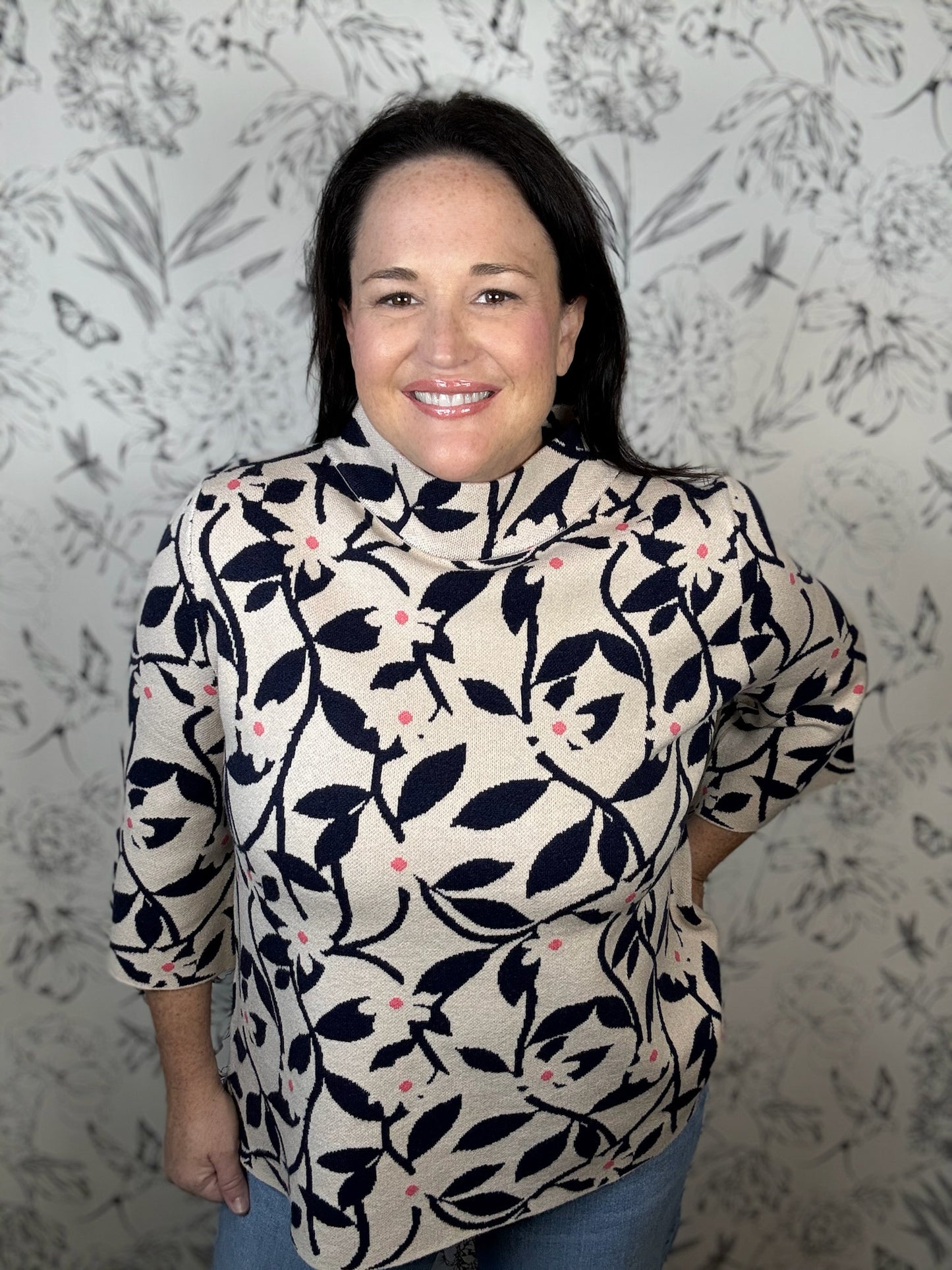 beige and navy floral mock neck FATE
