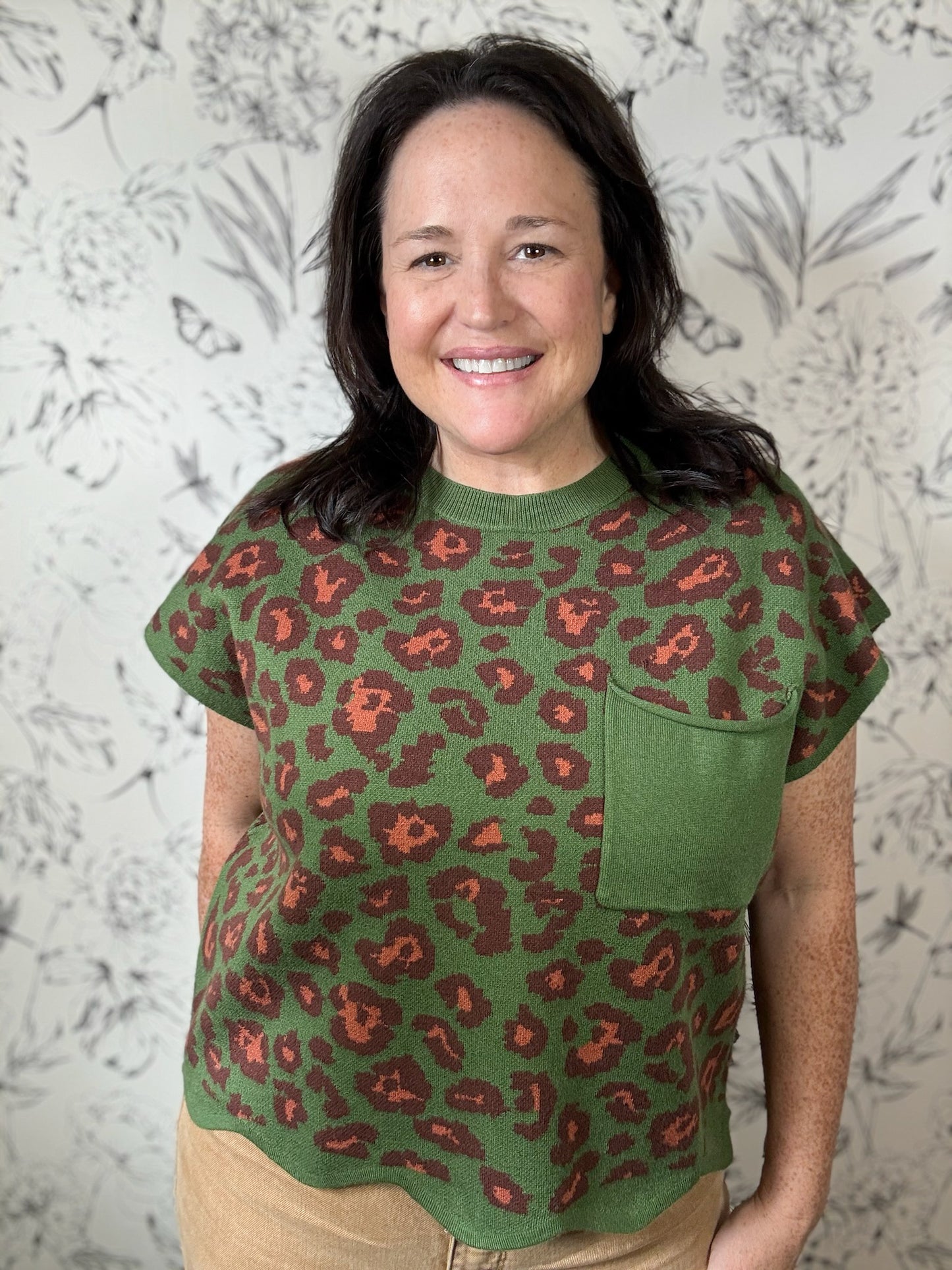 green and maroon leopard skimmer knit sweater ENTRO