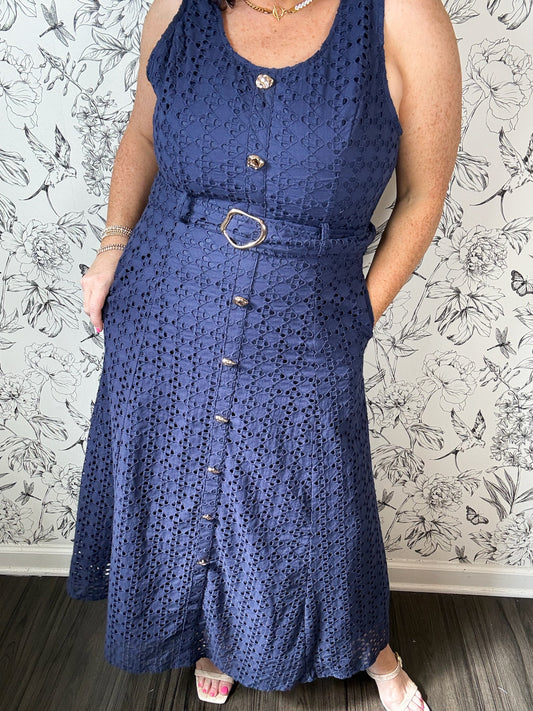 Harbor Navy Belted Midi Dress