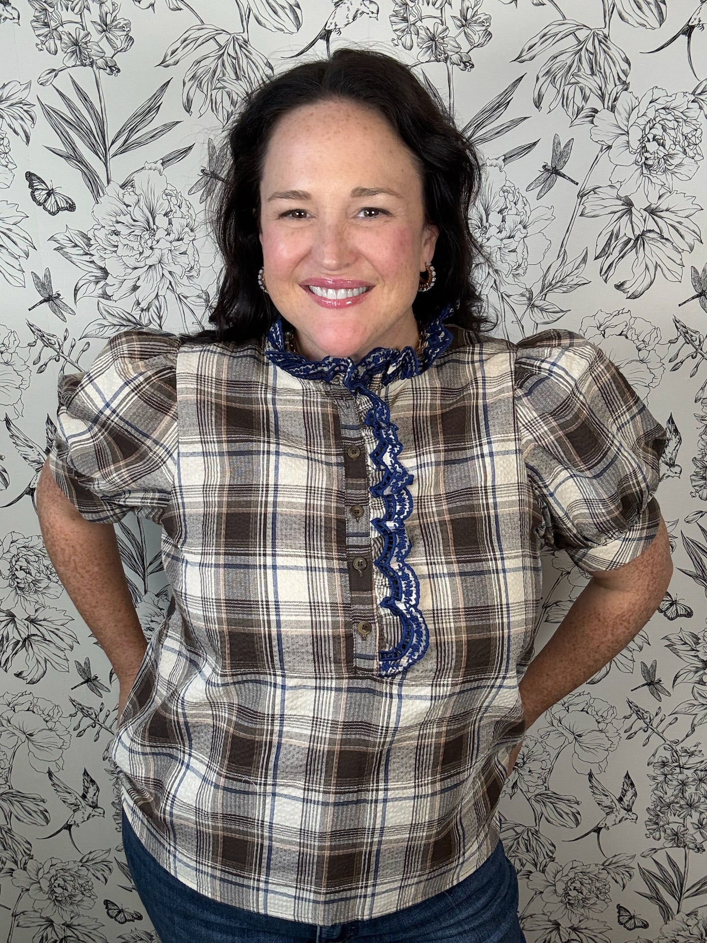brown plaid blouse with navy lace ENTRO