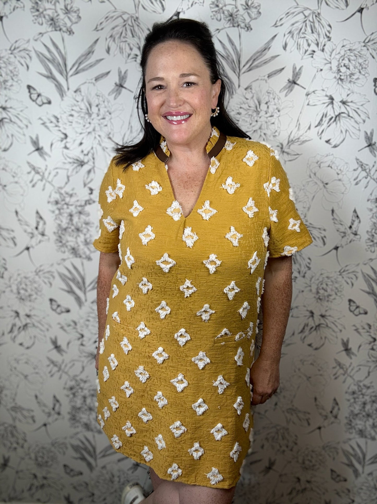 mustard and leather dress with ivory diamond details THML