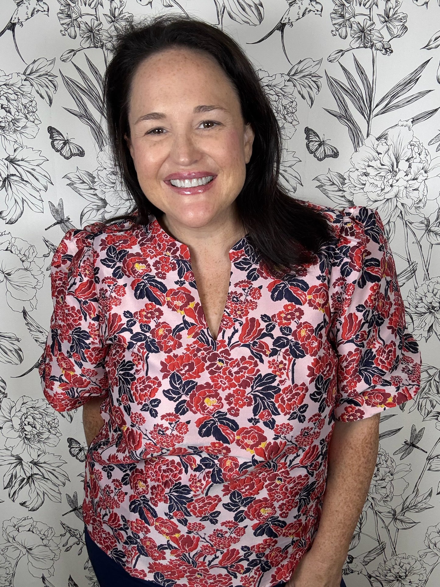 navy, red, pink brocade jacquard blouse VOY