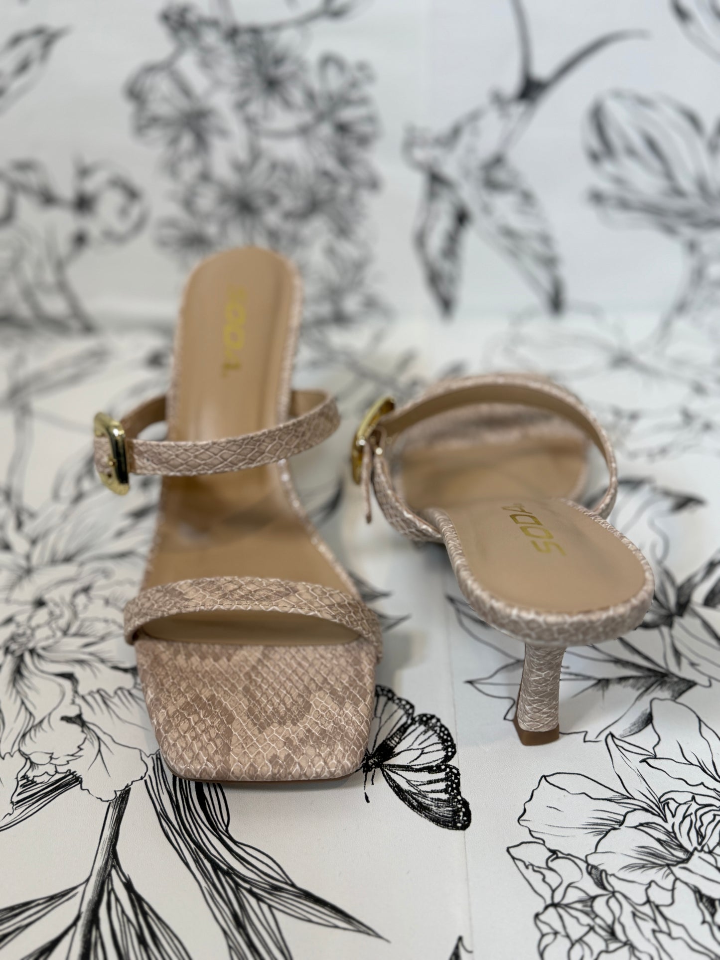 cream snake print kitten heel soda shoes