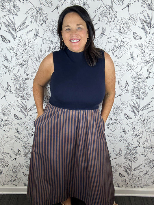 navy knit midi dress with brown/navy stripe poplin skirt ENTRO
