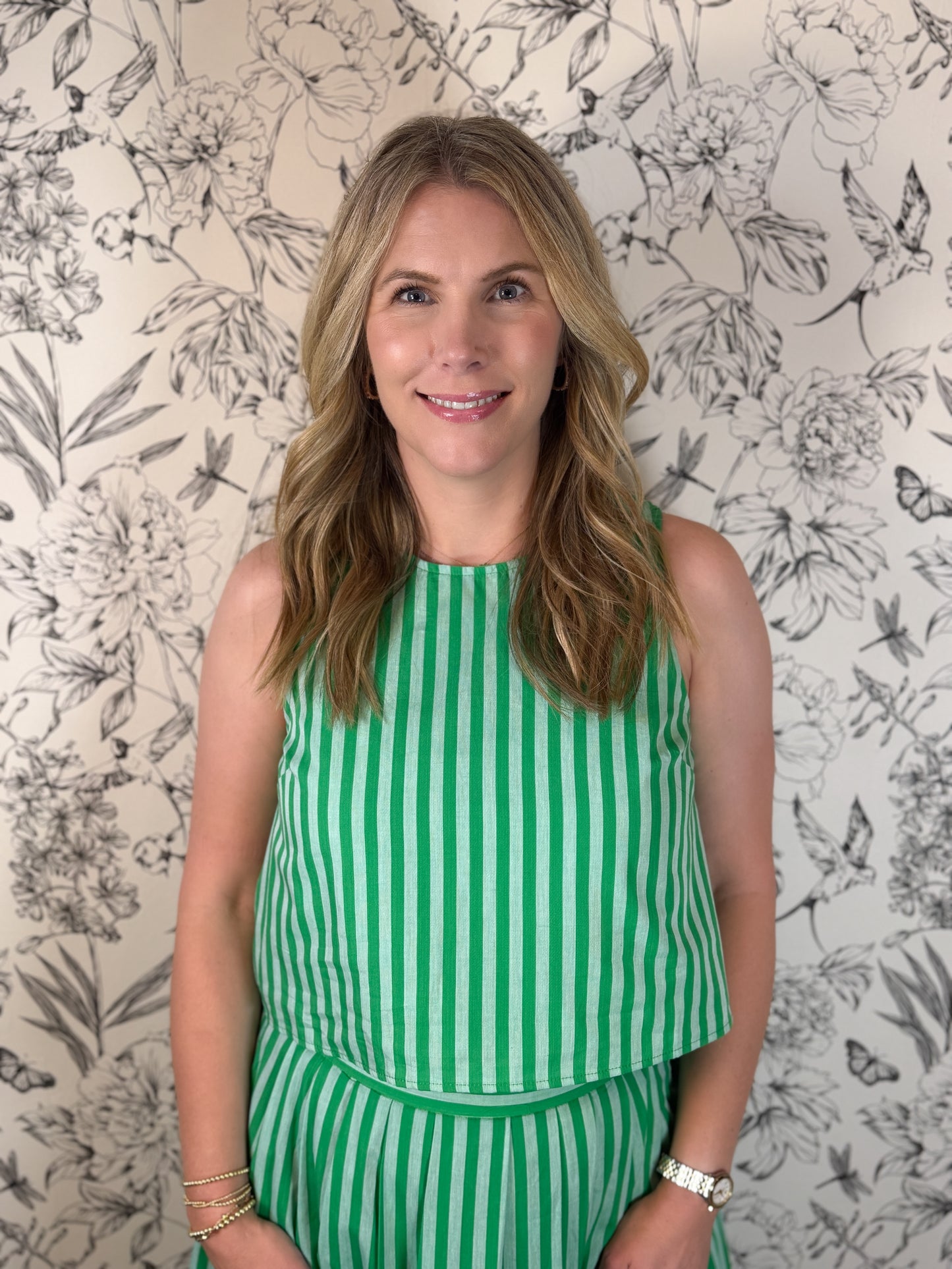 green stripe button back tank top entro