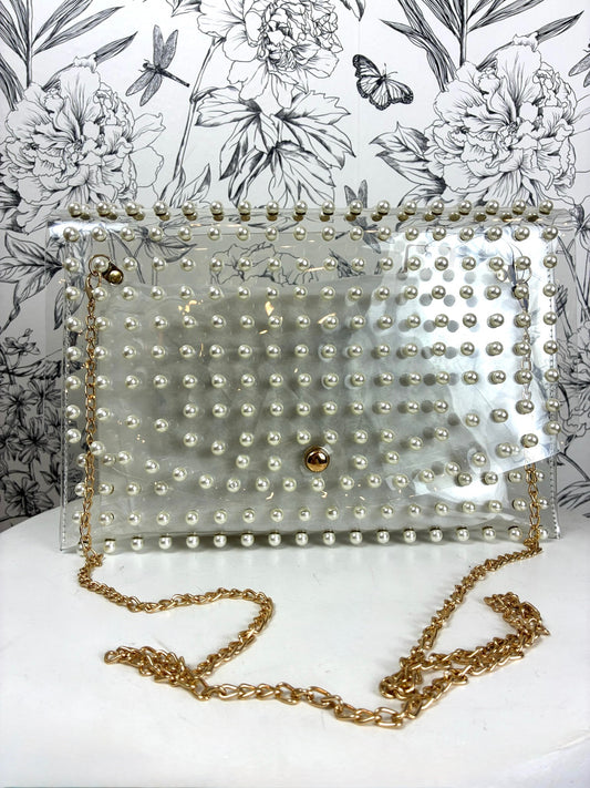clear acrylic clutch/crossbody with pearl front