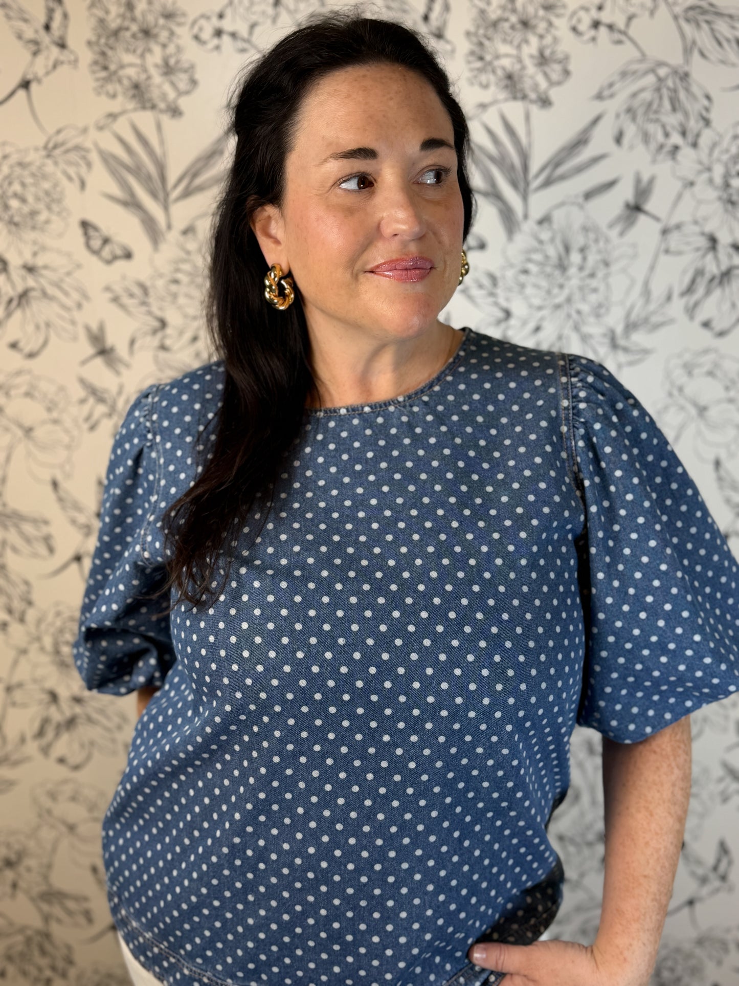 denim white polka dot balloon sleeve top