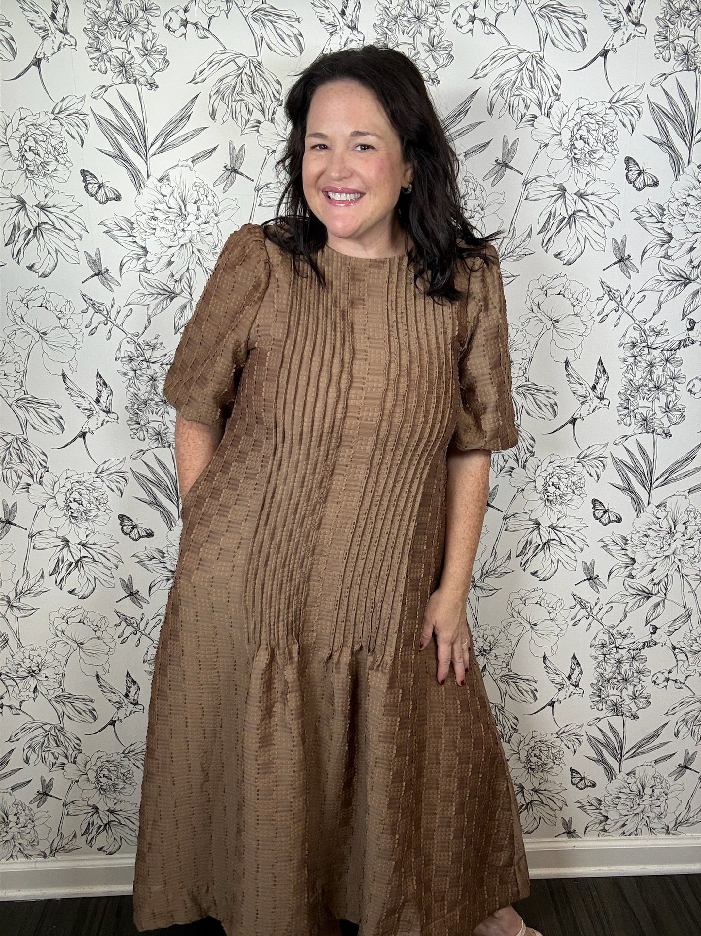 brown textured pintuck midi dress STRUT & BOLT