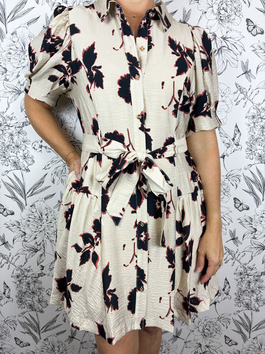 cream, black, rust floral belted mini dress ENTRO