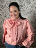 pink cotton blouse with eyelet scalloped neck bowtie