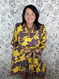mustard and plum floral belted mini dress with brown details JODIFL