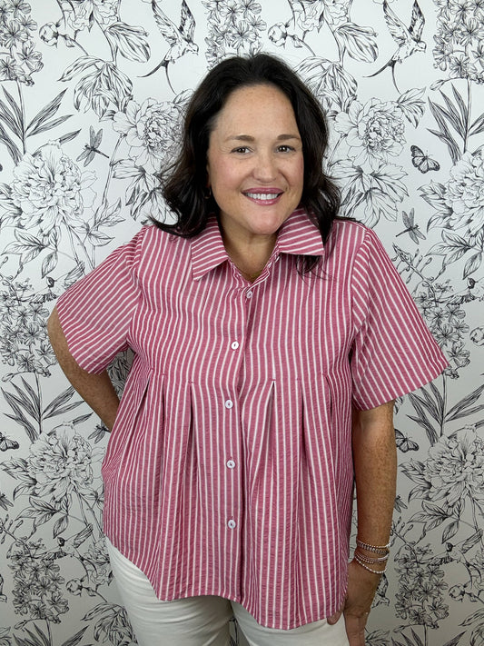 red and white pleated blouse SHE & SKY