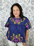 navy, chartreuse, pink babydoll embroidered blouse THML