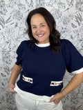 navy and white knit top with horsebit detail ENTRO