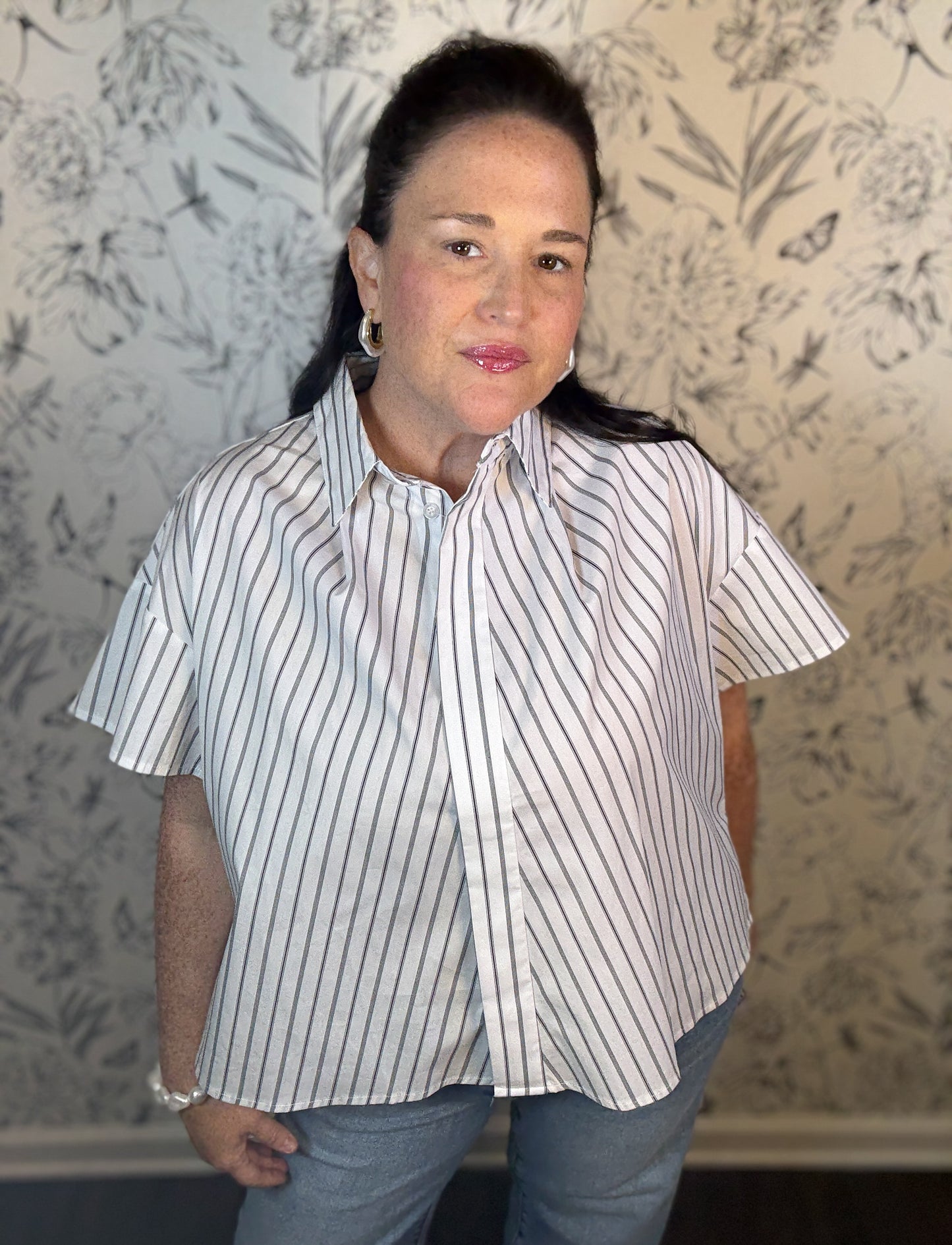 black white pinstripe trapeze button down ELAN