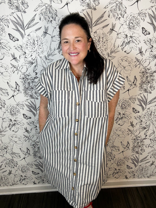 gray and ivory stripe midi dress CURVY SHE & SKY