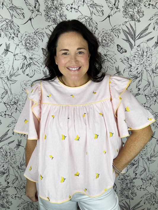 pink and white seersucker blouse with lemons