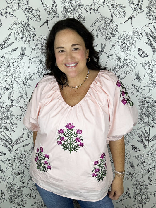 pink block print blouse SHE & SKY