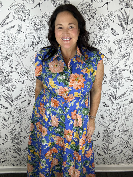 blue and orange flroal midi dress ENTRO