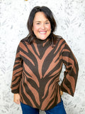 light brown and dark brown striped tiger sweater bell sleeves, mock neck ENTRO