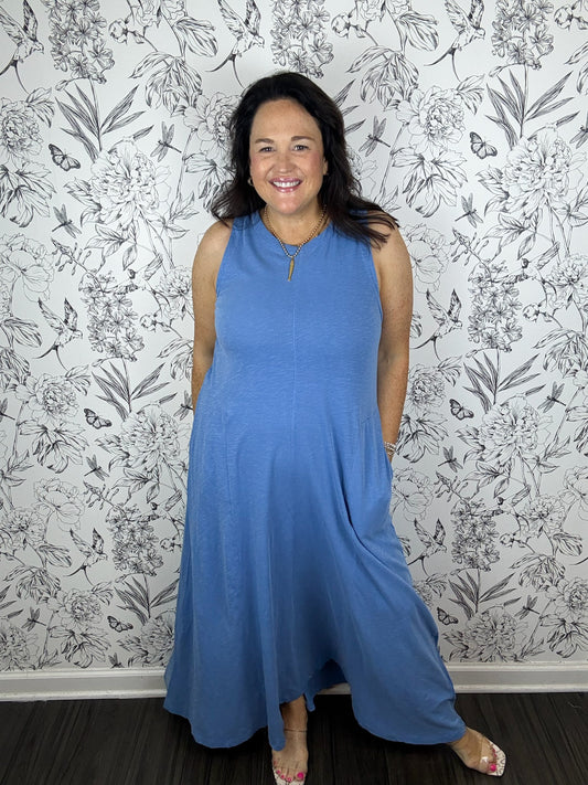 Z Supply Marine Blue Halter Jersey Midi Dress POCKETS