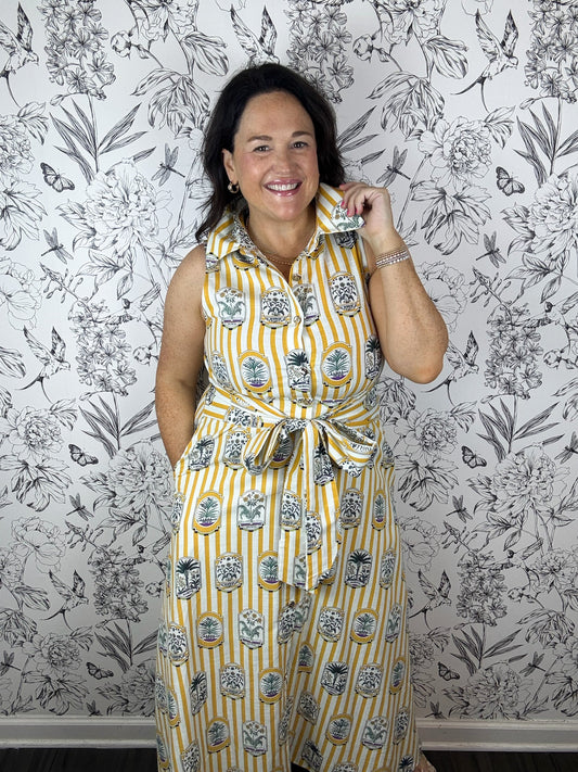 yellow stripe belted midi dress with floral block medallions ENTRO