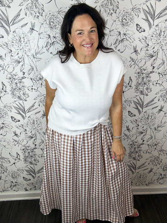 brown gingham sundress with detachable knit shirt ENTRO