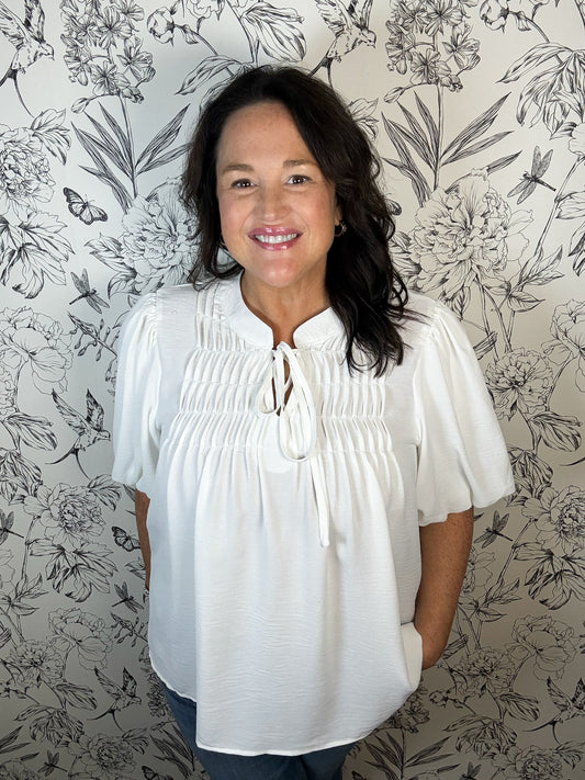 white pintuck blouse CURVY SHE & SKY